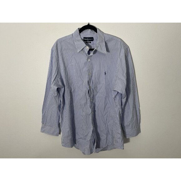 Ralph Lauren Blue White Stripe Button Down Shirt Size L/XL (17.5, 32/33) - Picture 1 of 14